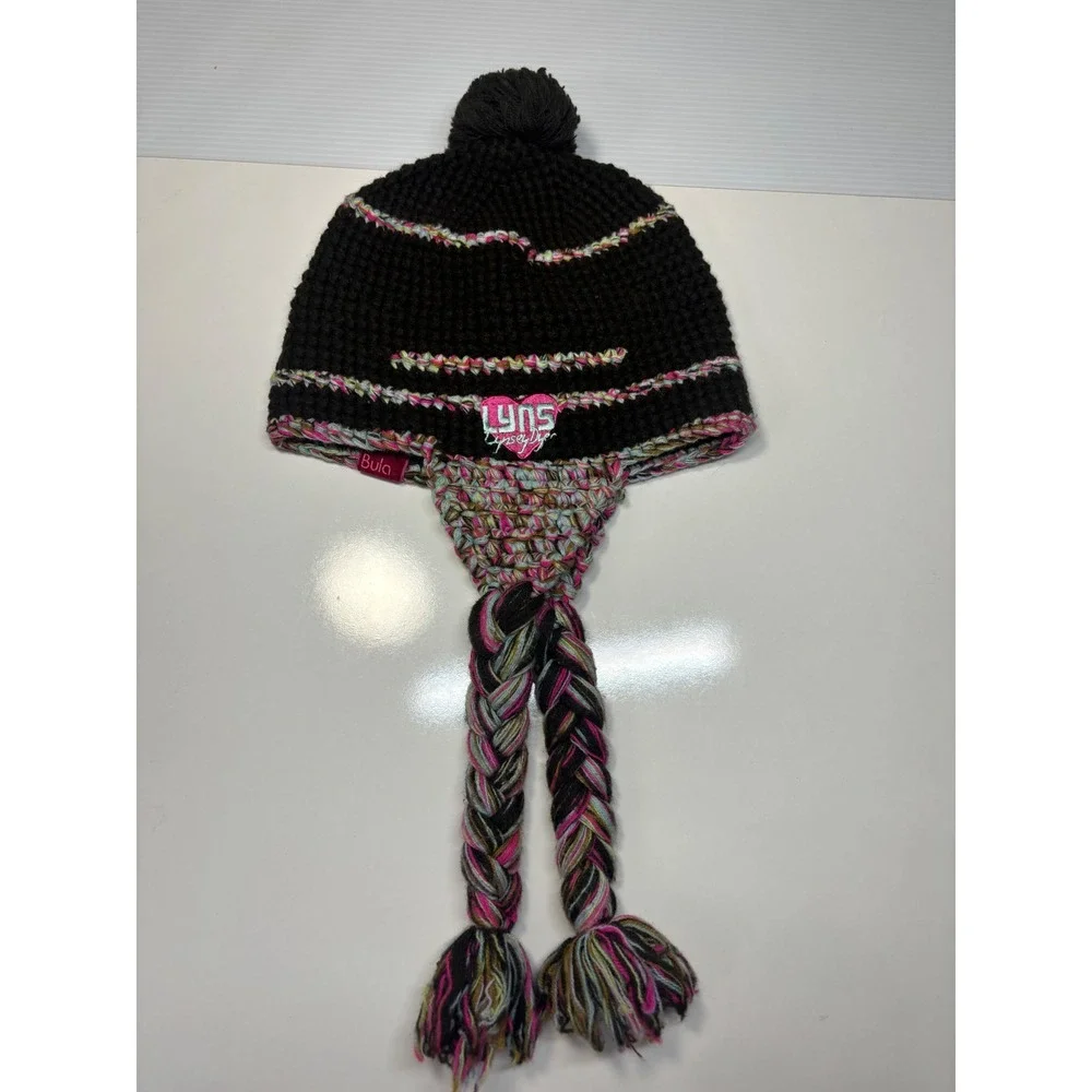 Bula Lynsey Dyer Beanie Hat Brown Pink Knit Earflap Tassel Pom Pom